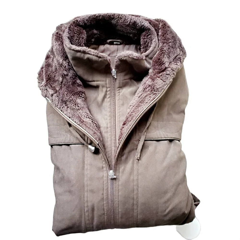 ALIA Khaki Green Hooded Fur Double Zipper Winter Jacket Size L - Picture 4 of 8